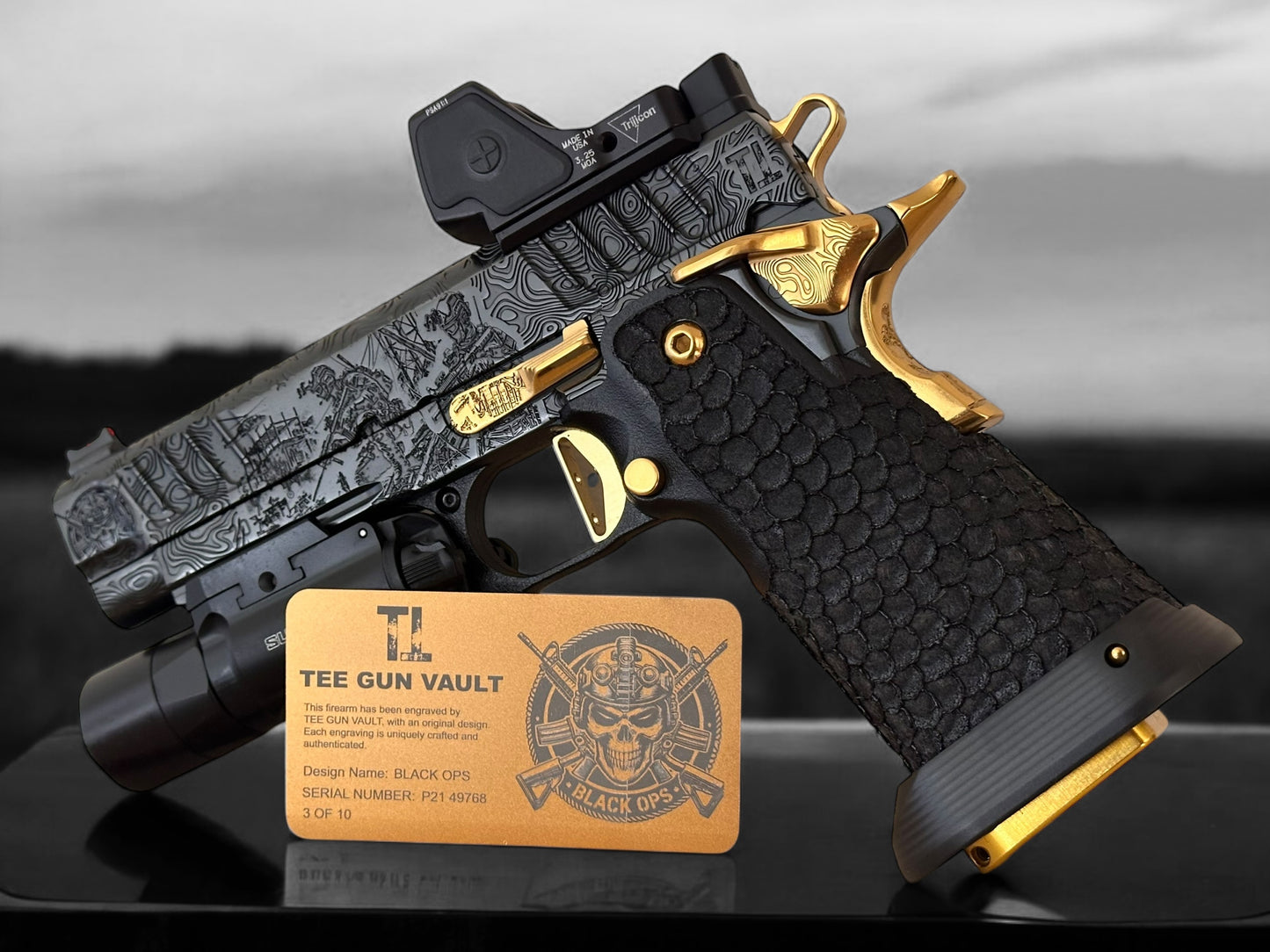 STACCATO P CUSTOM “BLACK OPS” 4.4” PORTED IN POLISHED BLACK DLC / GOLD TIN PVD ACCENTS