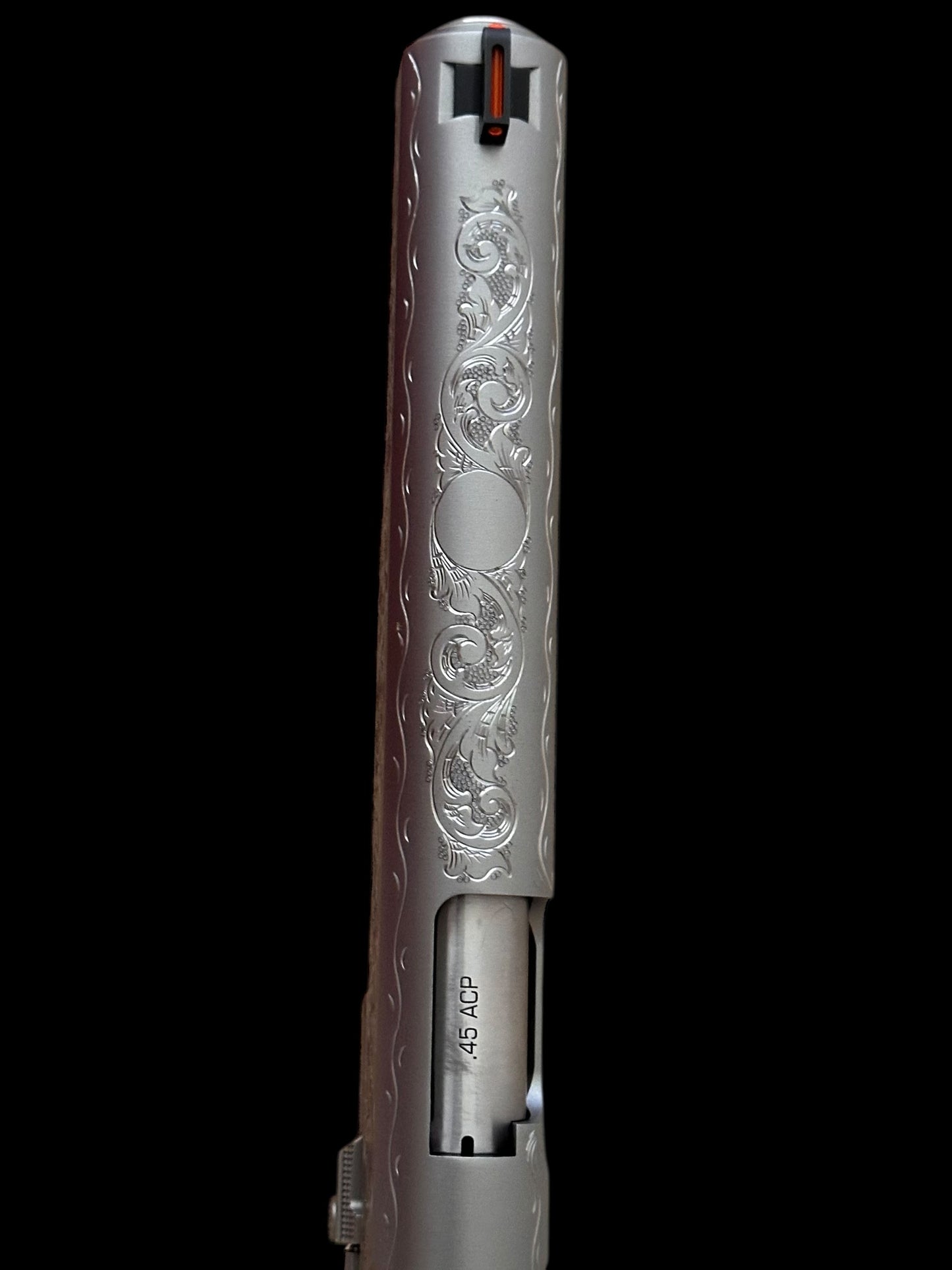 Kimber 1911 Stainless Target long slide hand engraved with custom grips. .45acp