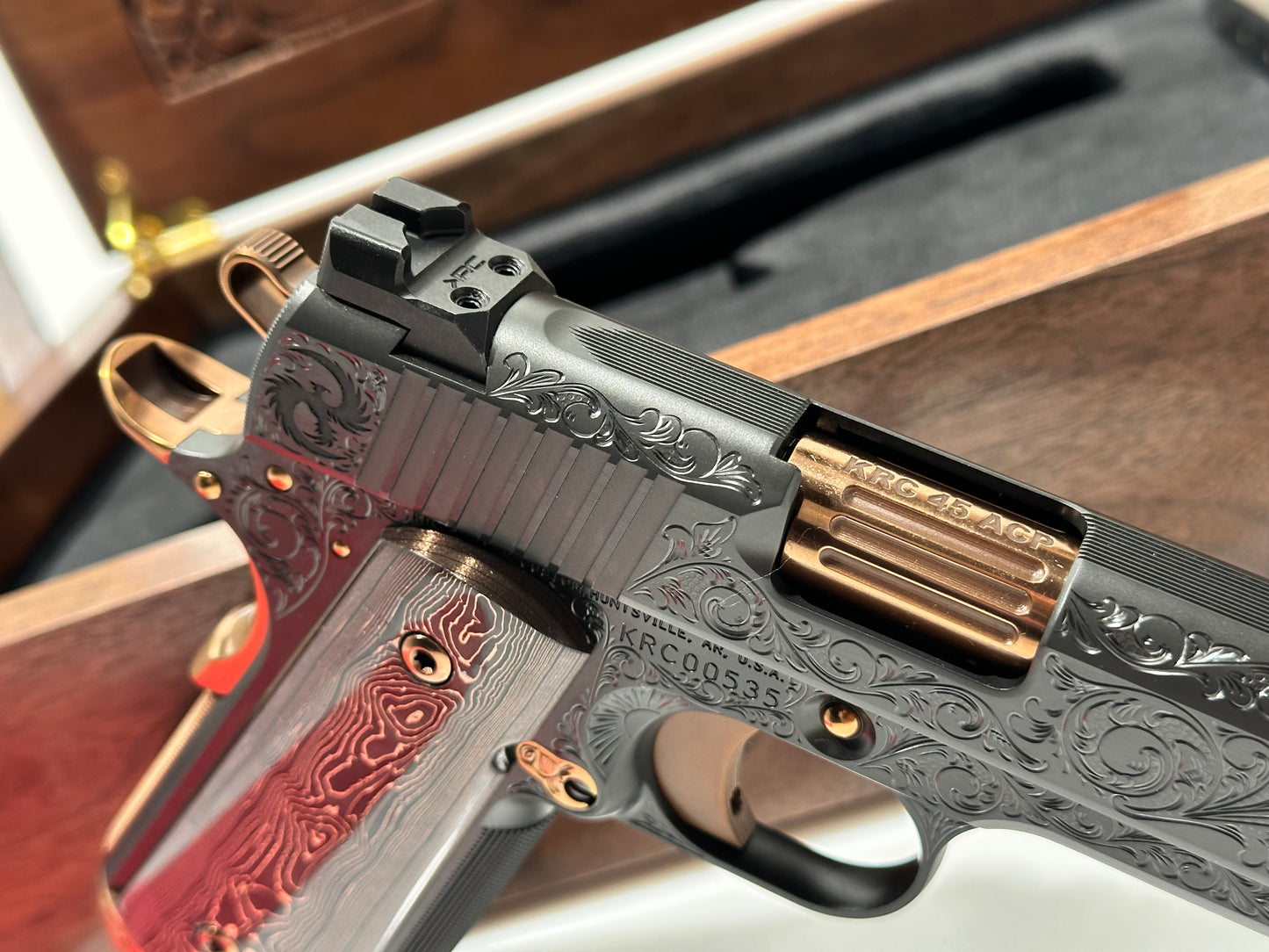 KINGS RIVER CUSTOM LEVEL III; CUSTOM WOOD DISPLAY CASE. HAND ENGRAVED POLISHED DLC/ COPPER FINISH .45ACP