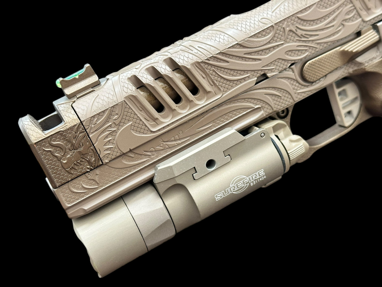 STACCATO CUSTOM XC “TRIBAL DRAGON” ENGRAVED TAN/BRONZE CERAKOTE FINISH WITH TRIJICON SRO & X300