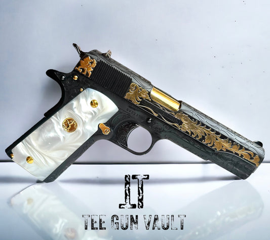 CUSTOM COLT 1911 GOVERNMENT FULLY ENGRAVED, BLUED WITH 24K GOLD PLATED ACCENTS