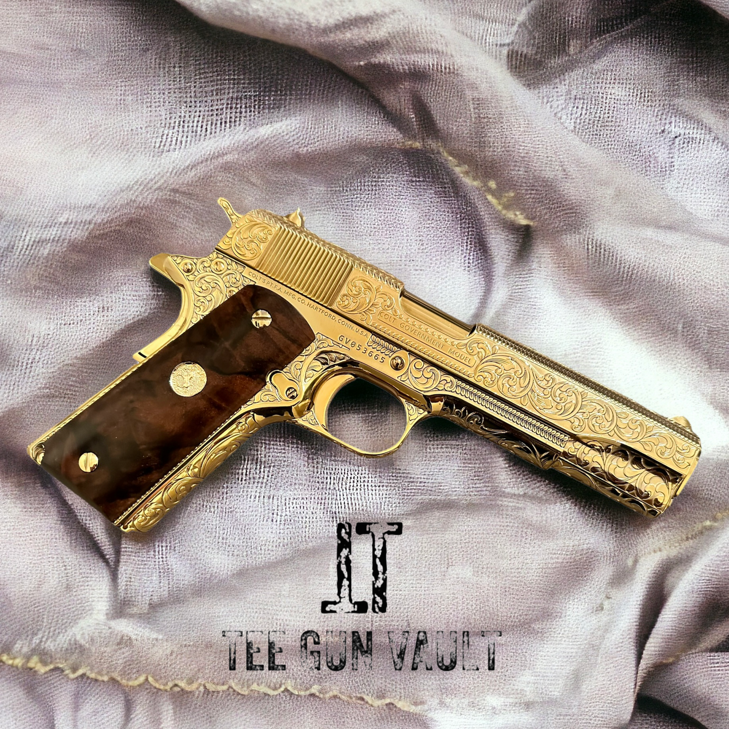 COLT CUSTOM 1911 GOVERNMENT .45 ACP FULLY ENGRAVED 24K PLATED WITH 2 GRIPS