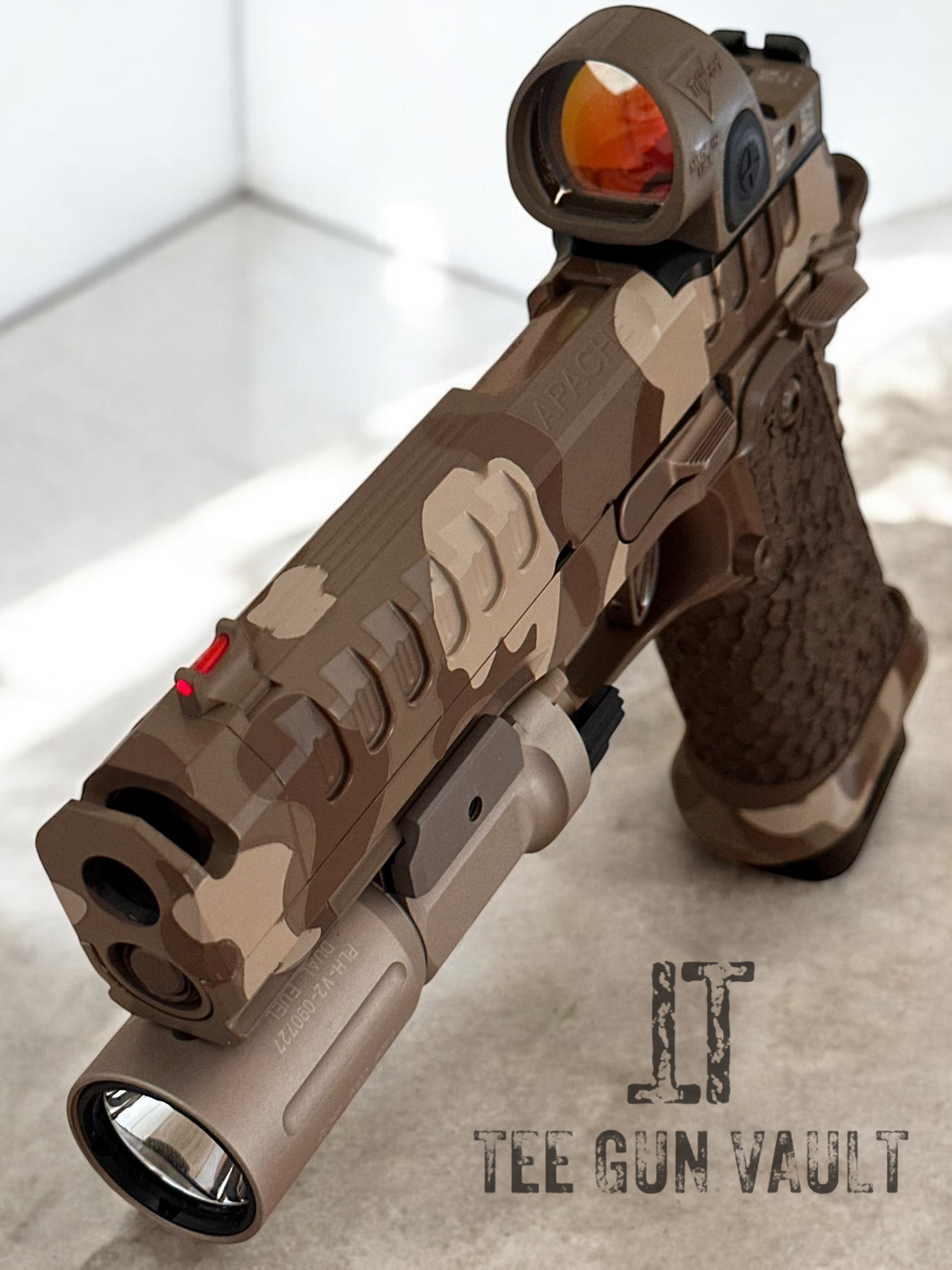 WATCHTOWER APACHE CAMO WITH TRIJICON SRO AND MODLITE FLASHLIGHT 9mm DRAGON GRIPS