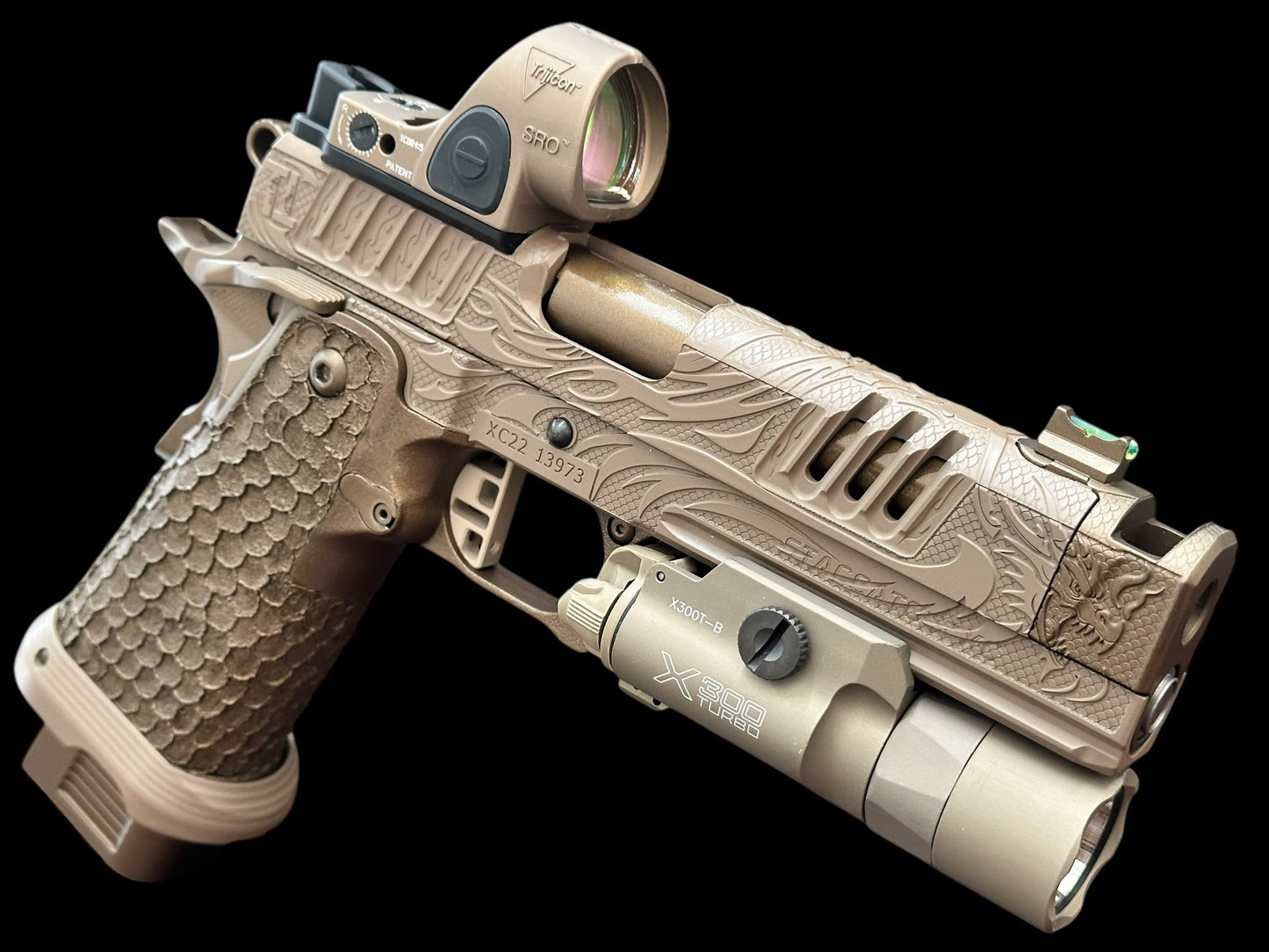 STACCATO CUSTOM XC “TRIBAL DRAGON” ENGRAVED TAN/BRONZE CERAKOTE FINISH WITH TRIJICON SRO & X300