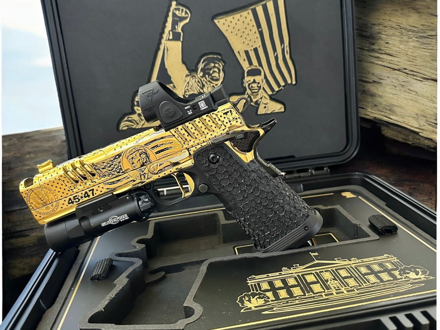 STACCATO CUSTOM XC “TRUMP” FULLY ENGRAVED POLISHED AND 24k GOLD PLATED SRO & X300