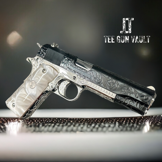COLT CUSTOM 1911 FULLY ENGRAVED POLISHED AND 2 TONE NICKEL PLATED WITH ROYAL BLUE SLIDE