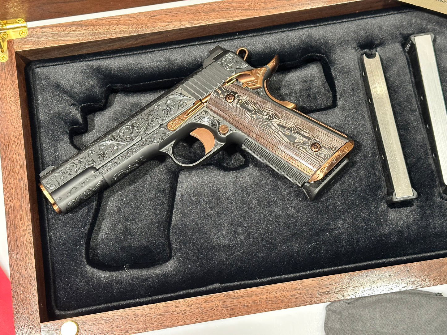 KINGS RIVER CUSTOM LEVEL III; CUSTOM WOOD DISPLAY CASE. HAND ENGRAVED POLISHED DLC/ COPPER FINISH .45ACP