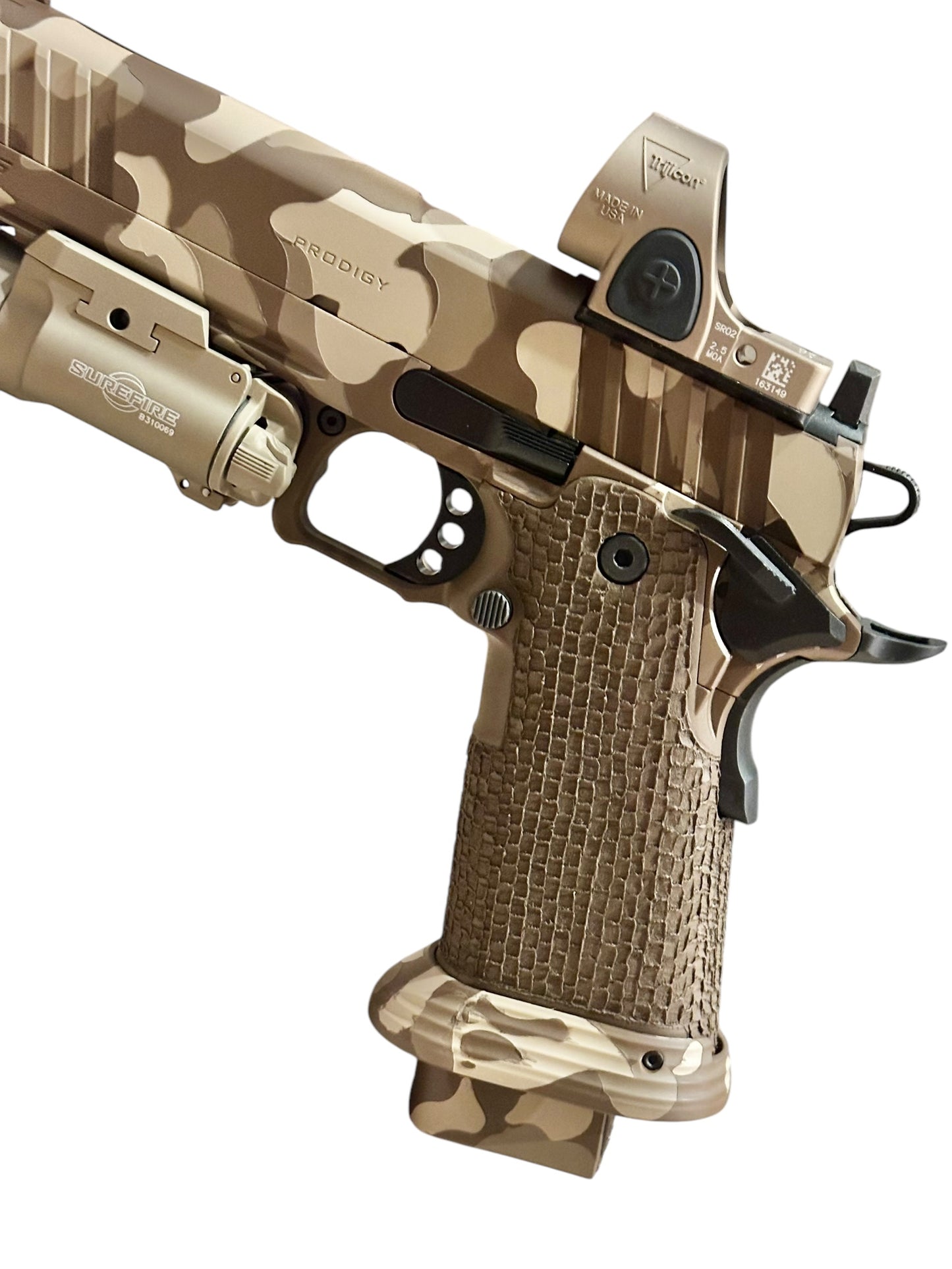 CUSTOM SPRINGFIELD PRODIGY 5” PORTED CAMO WITH SRO AND X300. TREE BARK GRIPS