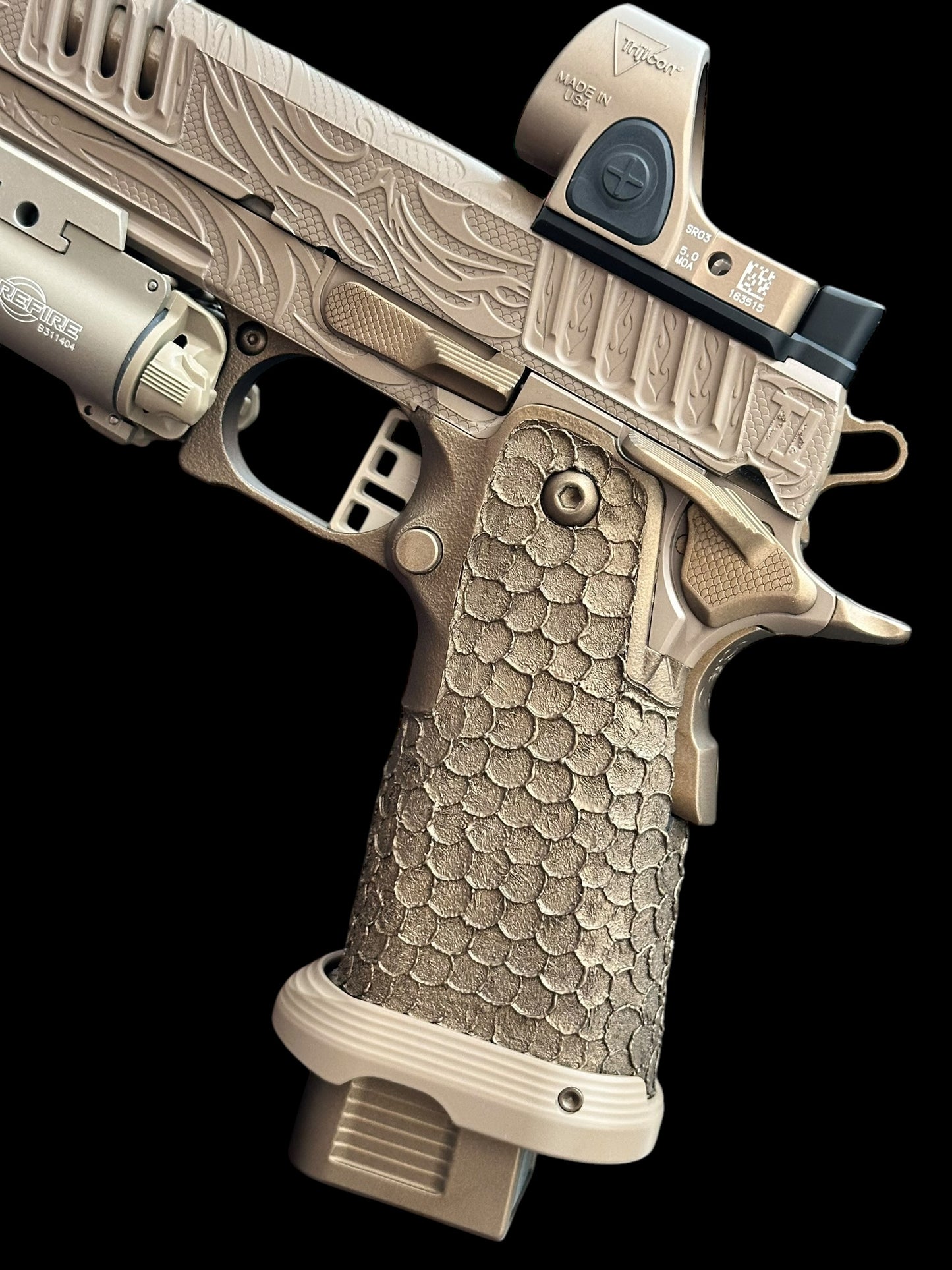 STACCATO CUSTOM XC “TRIBAL DRAGON” ENGRAVED TAN/BRONZE CERAKOTE FINISH WITH TRIJICON SRO & X300