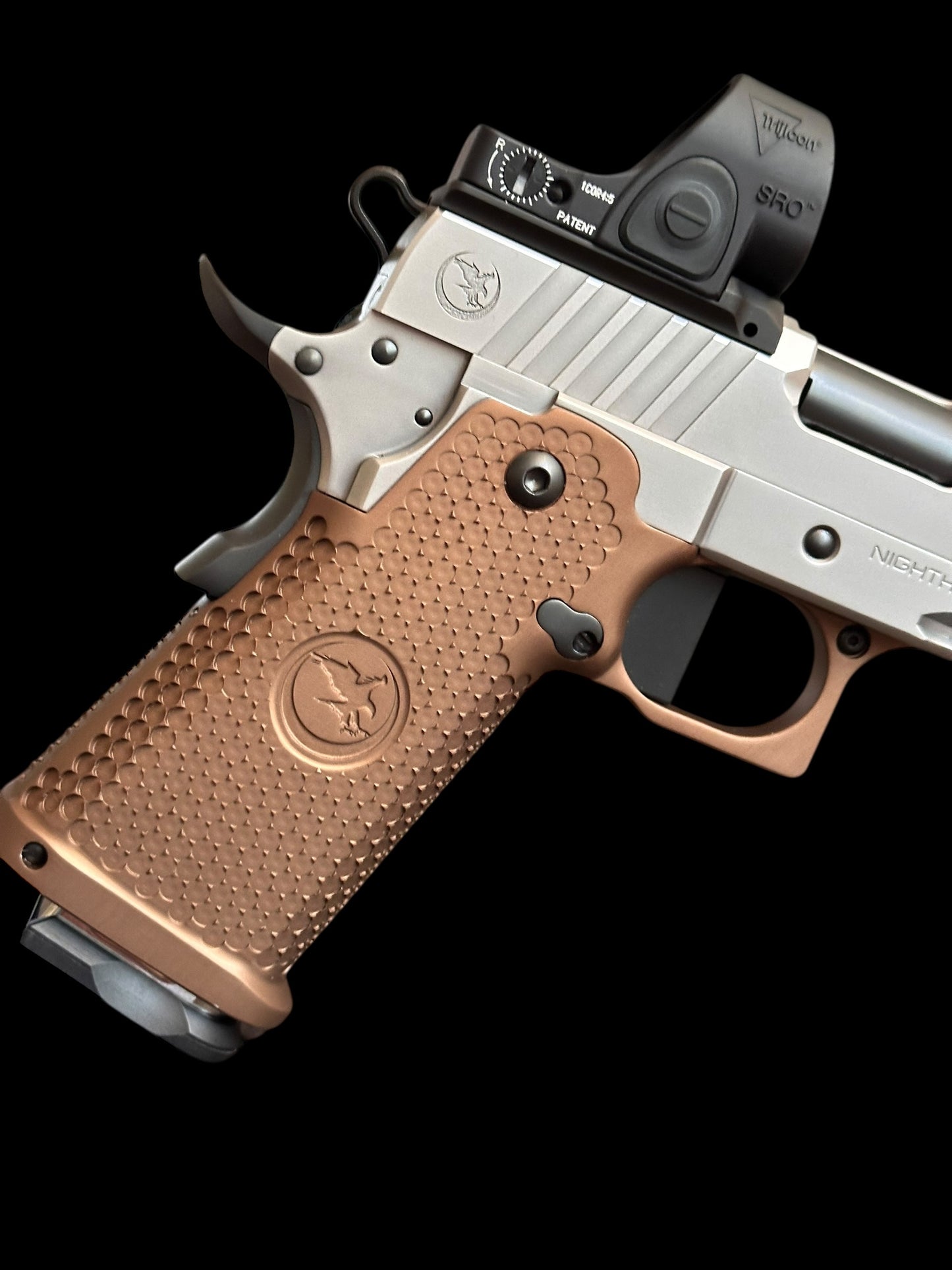 NIGHTHAWK CUSTOM BDS9 COMM 4.25” DS 9mm SILVER PVD AND SANDHAWK GRIPS WITH SRO
