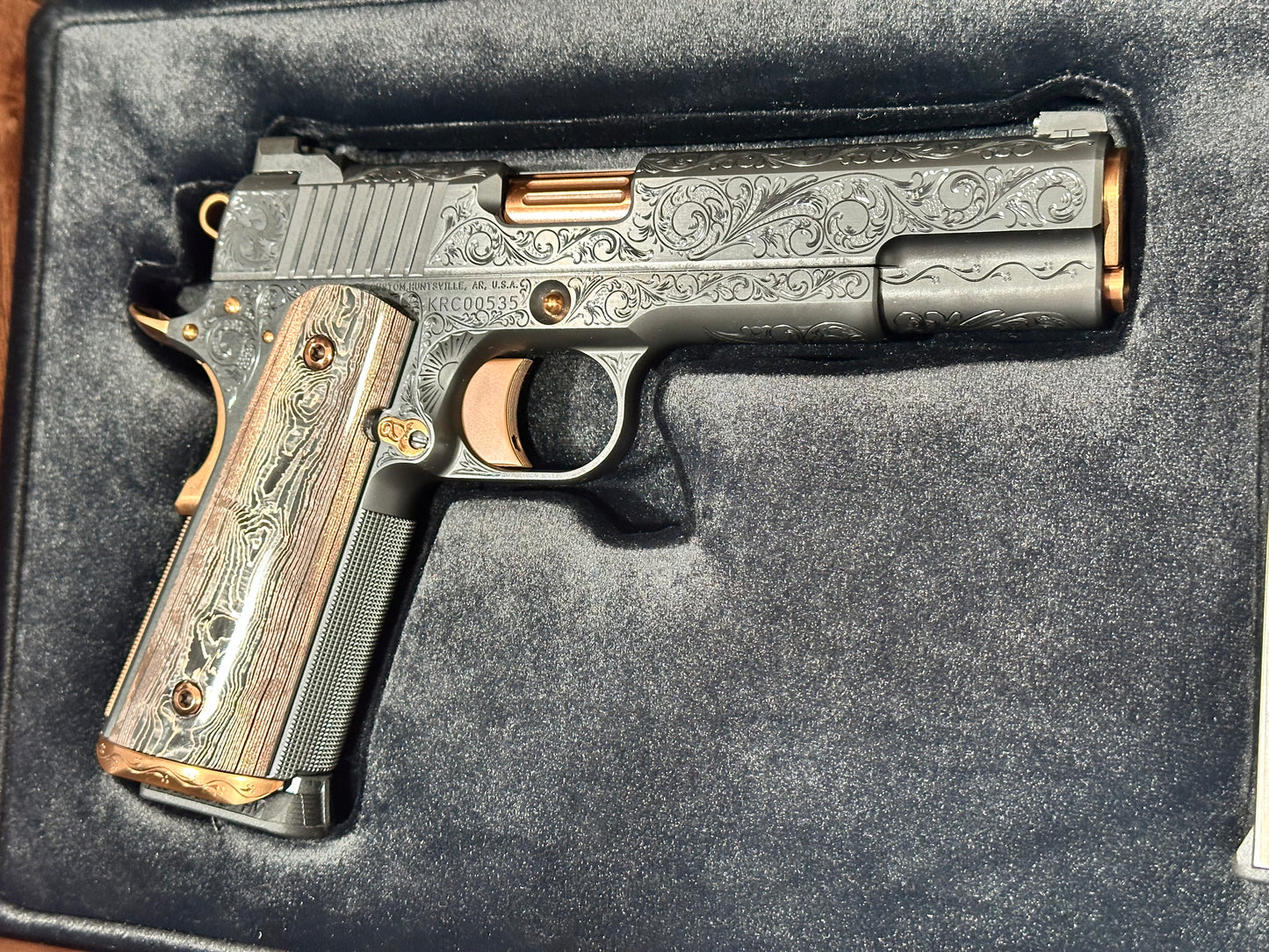 KINGS RIVER CUSTOM LEVEL III; CUSTOM WOOD DISPLAY CASE. HAND ENGRAVED POLISHED DLC/ COPPER FINISH .45ACP