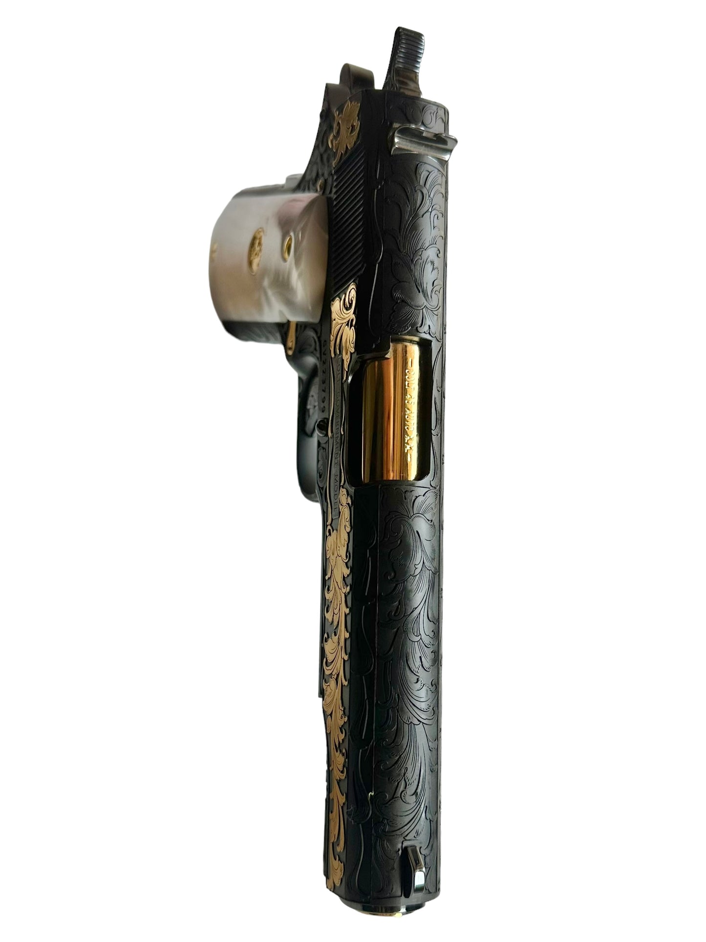 CUSTOM COLT 1911 GOVERNMENT FULLY ENGRAVED, BLUED WITH 24K GOLD PLATED ACCENTS