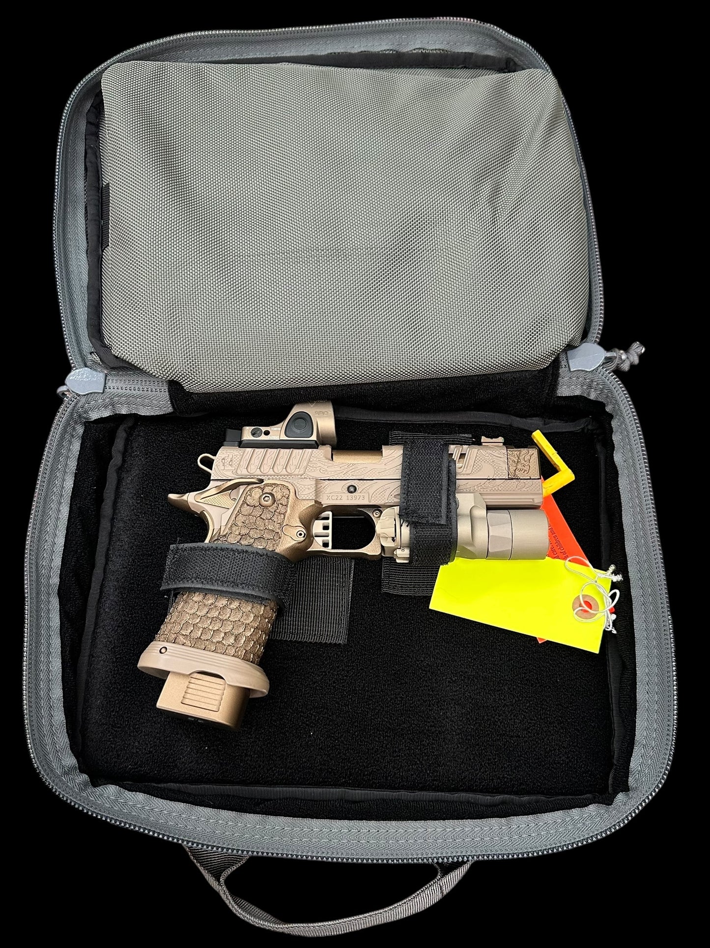 STACCATO CUSTOM XC “TRIBAL DRAGON” ENGRAVED TAN/BRONZE CERAKOTE FINISH WITH TRIJICON SRO & X300