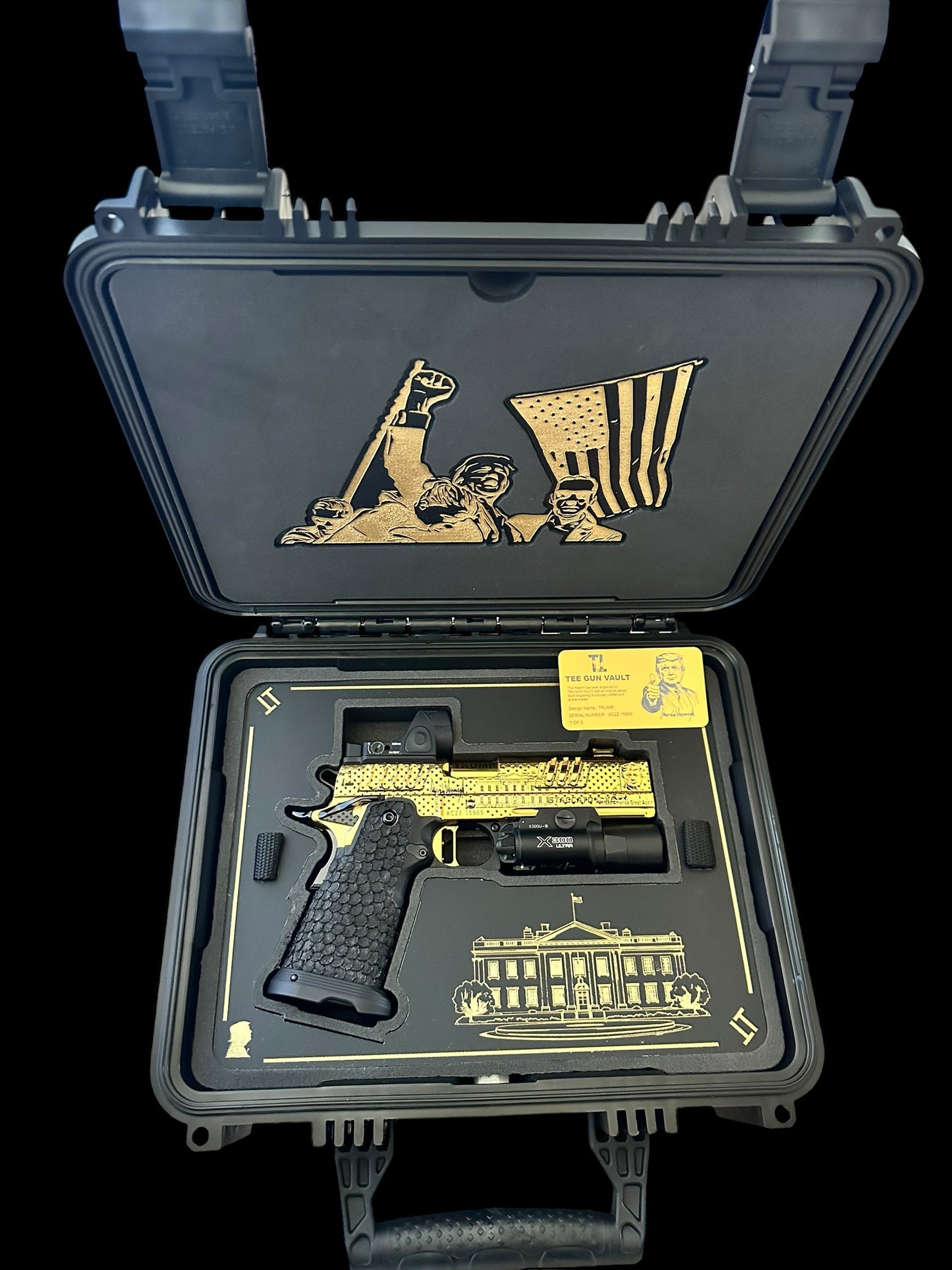 STACCATO CUSTOM XC “TRUMP” FULLY ENGRAVED POLISHED AND 24k GOLD PLATED SRO & X300