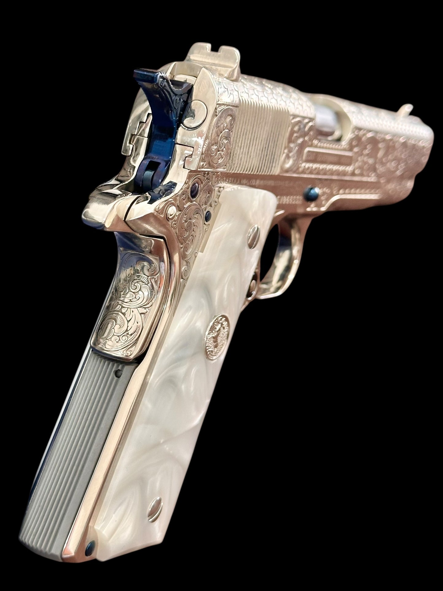 COLT CUSTOM 1911 HIGH POLISHED AND NICKEL PLATED WITH NITRO BLUE ACCENTS FULLY ENGRAVED .45ACP