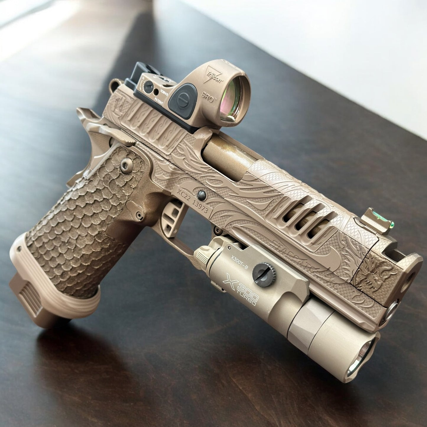 STACCATO CUSTOM XC “TRIBAL DRAGON” ENGRAVED TAN/BRONZE CERAKOTE FINISH WITH TRIJICON SRO & X300