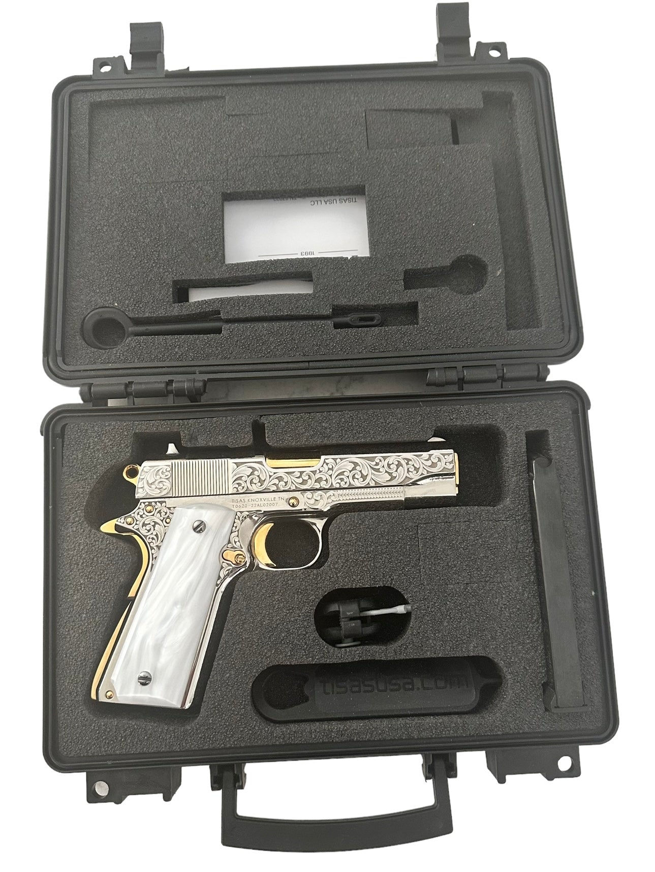 TISAS TANK COMMANDER 9mm 1911A1 TC 9 FULLY ENGRAVED, HIGH POLISHED, NICKEL & 24K GOLD PLATED