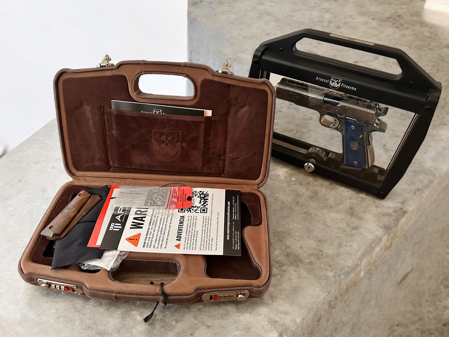 ARSENAL FIREARMS 1911 DOUBLE BARREL “SECOND CENTURY” 1 OF 1 SILVER/ BLUE PVD ENGRAVED WITH GLASS CASE