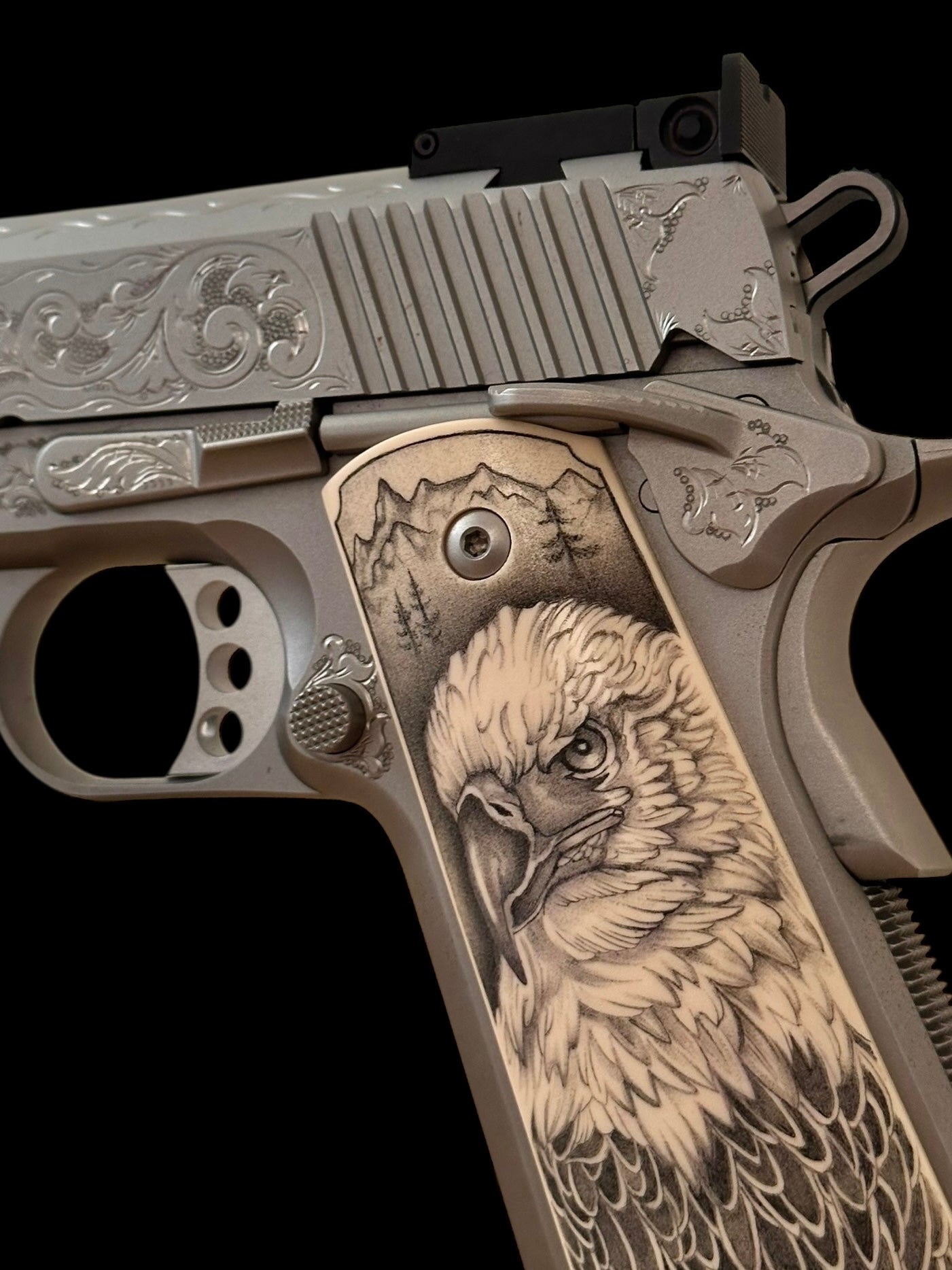 Kimber 1911 Stainless Target long slide hand engraved with custom grips. .45acp