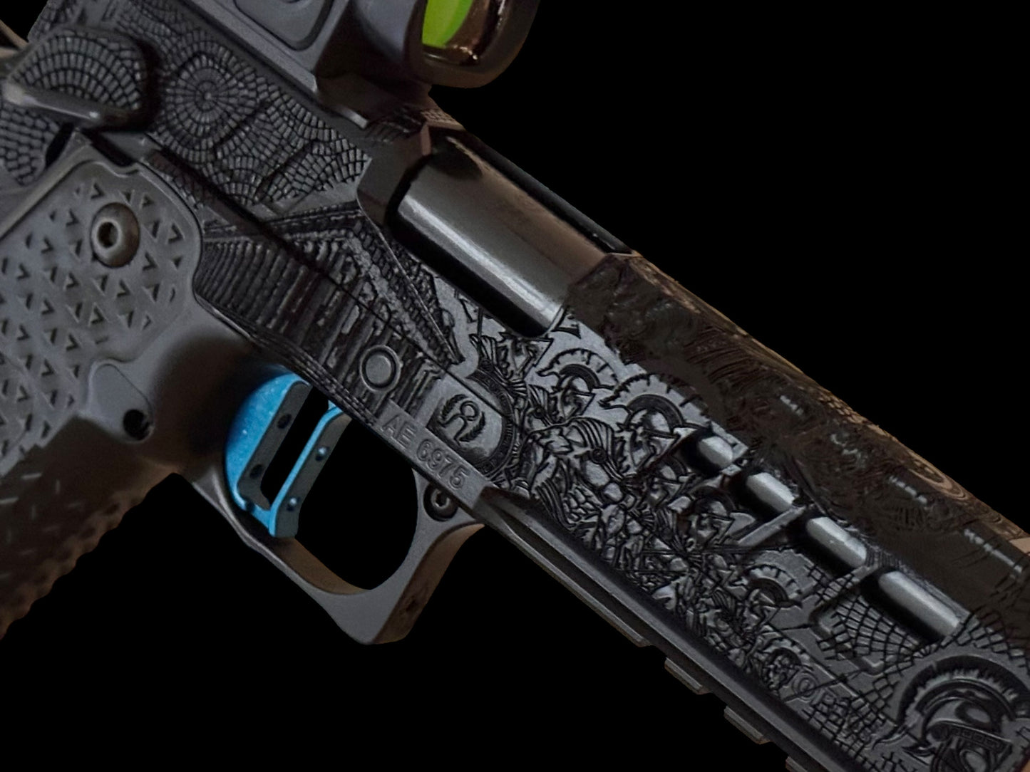 ATLAS GUNWORKS CUSTOM ATHENA SHINY BLACK WITH STROUP KNIFE, TRIJICON SRO
