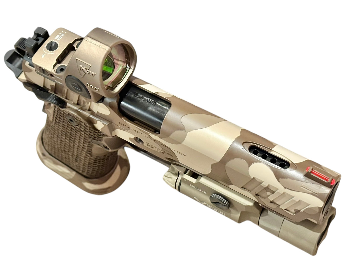 CUSTOM SPRINGFIELD PRODIGY 5” PORTED CAMO WITH SRO AND X300. TREE BARK GRIPS