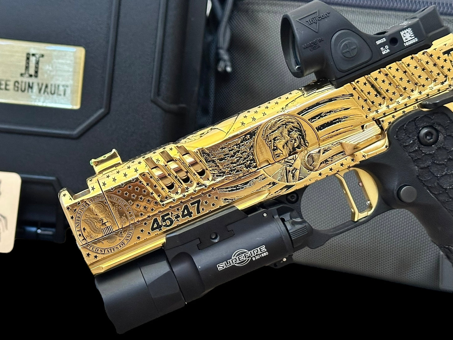STACCATO CUSTOM XC “TRUMP” FULLY ENGRAVED POLISHED AND 24k GOLD PLATED SRO & X300