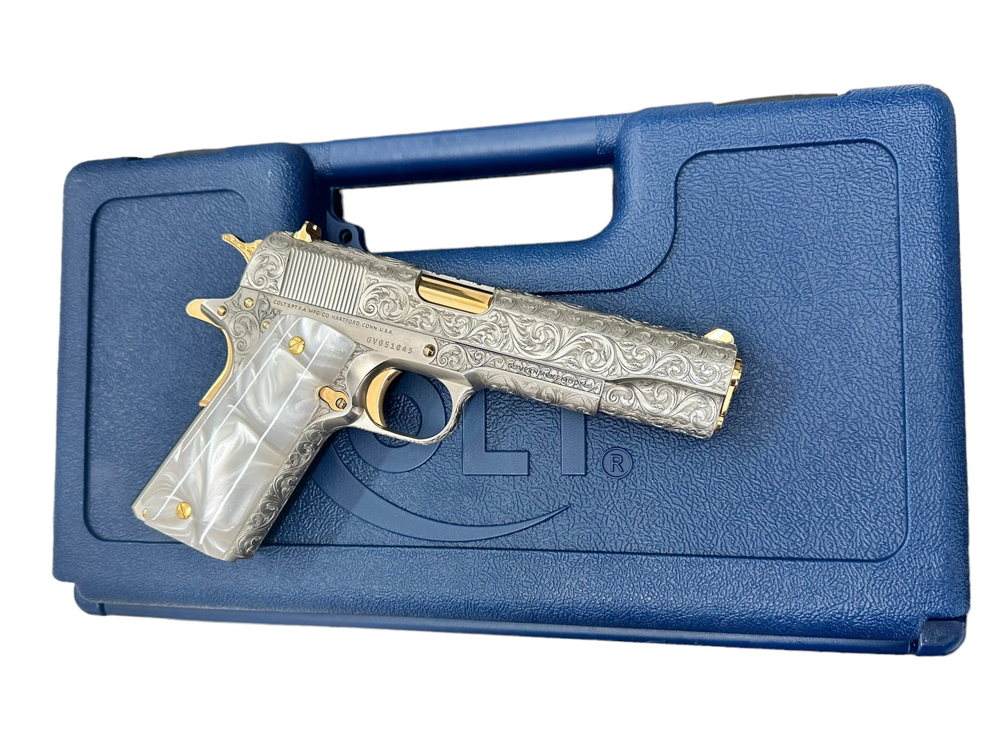 COLT CUSTOM 1911 FULLY ENGRAVED BRUSH NICKEL FINISH WITH 24K GOLD ACCENTS (pre order)