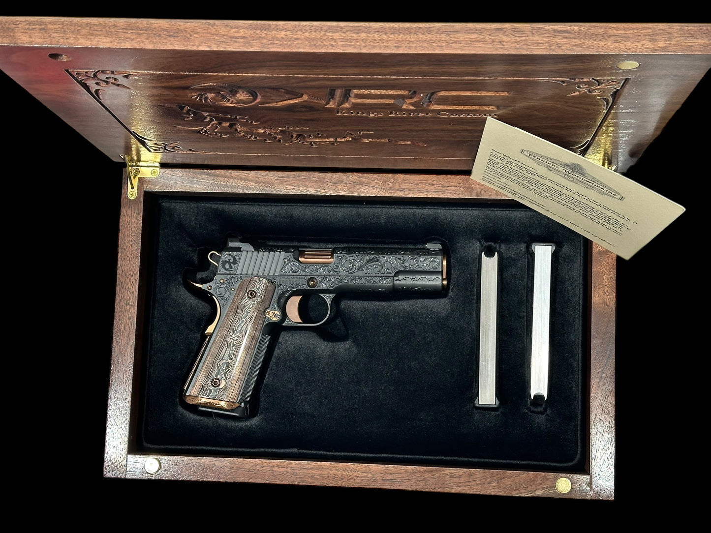 KINGS RIVER CUSTOM LEVEL III; CUSTOM WOOD DISPLAY CASE. HAND ENGRAVED POLISHED DLC/ COPPER FINISH .45ACP