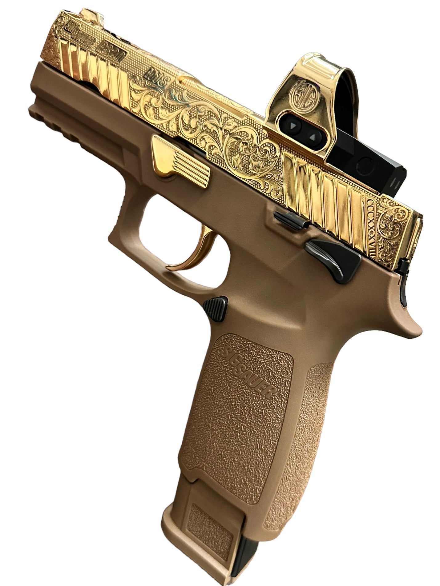 SIG SAUER P320 M18 WITH OPTIC 9mm FULLY ENGRAVED SLIDE POLISHED 24K GOLD PLATED