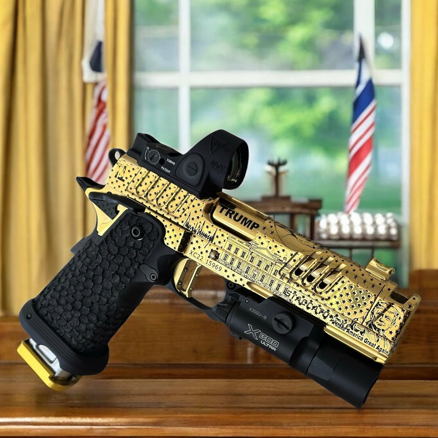STACCATO CUSTOM XC “TRUMP” FULLY ENGRAVED POLISHED AND 24k GOLD PLATED SRO & X300