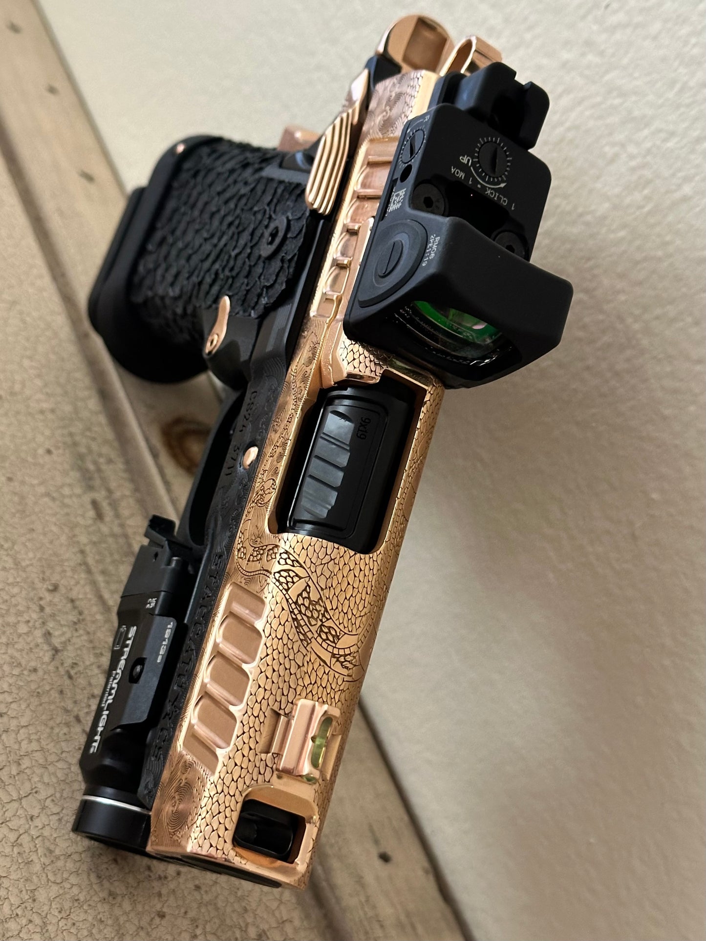 STACCATO CUSTOM CS PORTED 1 OF 1 "DRAGON SCALE" IN 18K ROSE GOLD WITH TRIJICON RMR & STREAMLIGHT TLR-7X