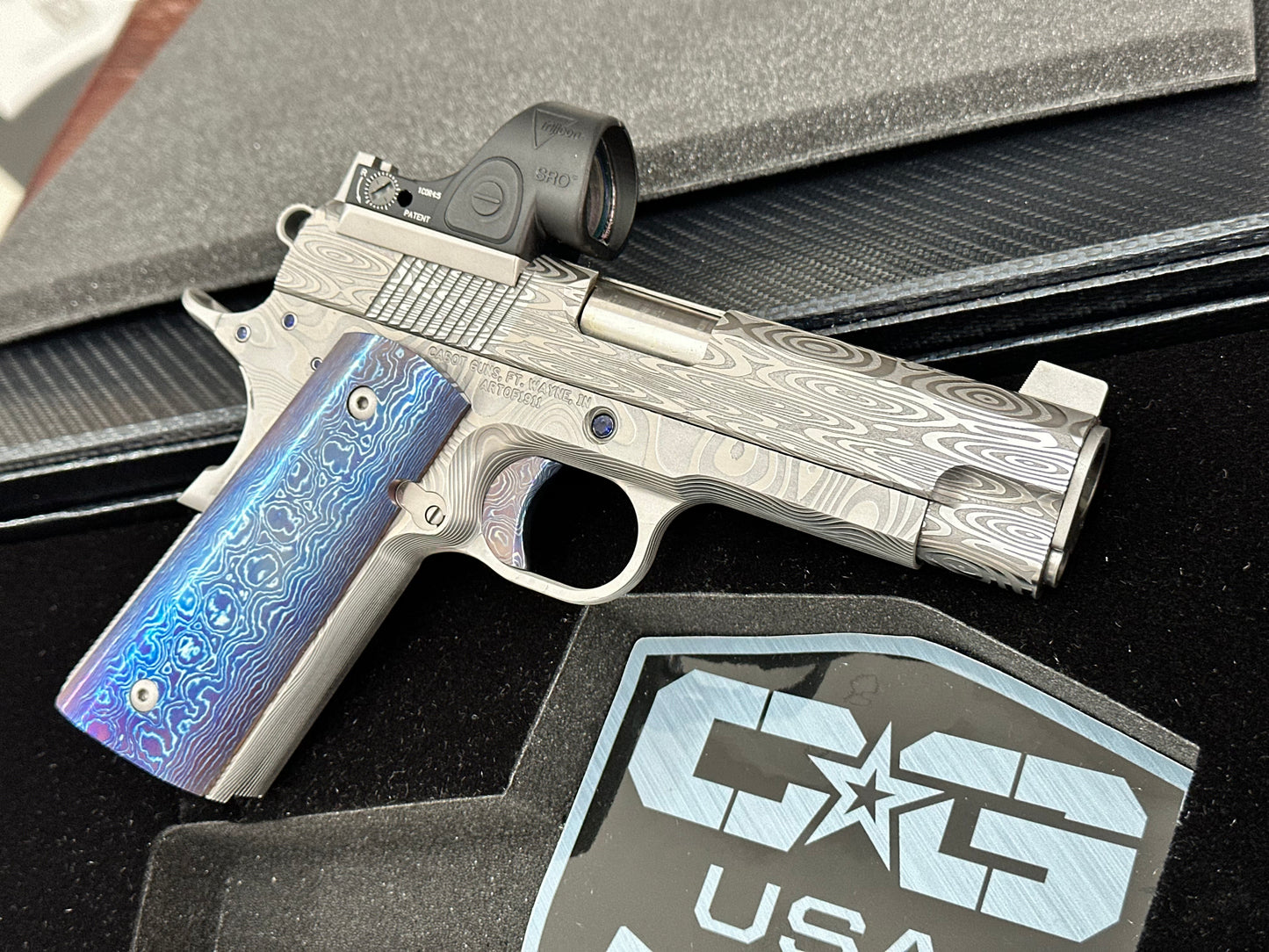 CABOT GUNS CUSTOM 1911 ONE OF A KIND DAMASCUS SPECIAL BUILD.