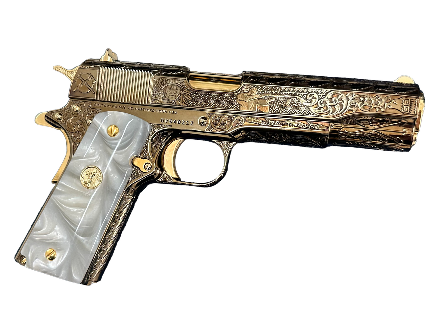 COLT CUSTOM 1911 FULLY ENGRAVED FREEDOM NITRO BRONZE PLATED WITH 24K GOLD ACCENTS.
