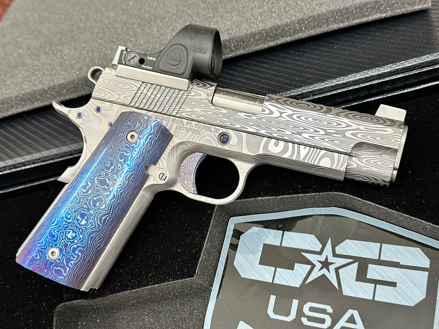 CABOT GUNS CUSTOM 1911 ONE OF A KIND DAMASCUS SPECIAL BUILD.