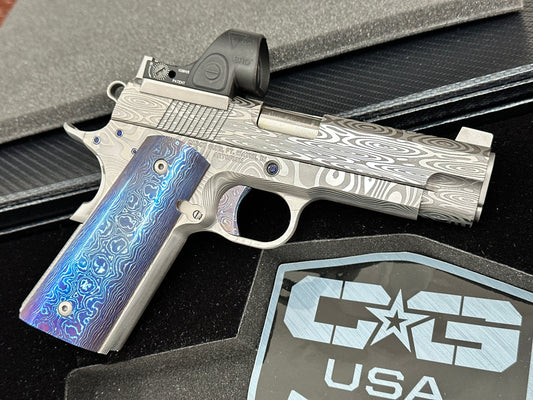 CABOT GUNS CUSTOM 1911 ONE OF A KIND DAMASCUS SPECIAL BUILD.