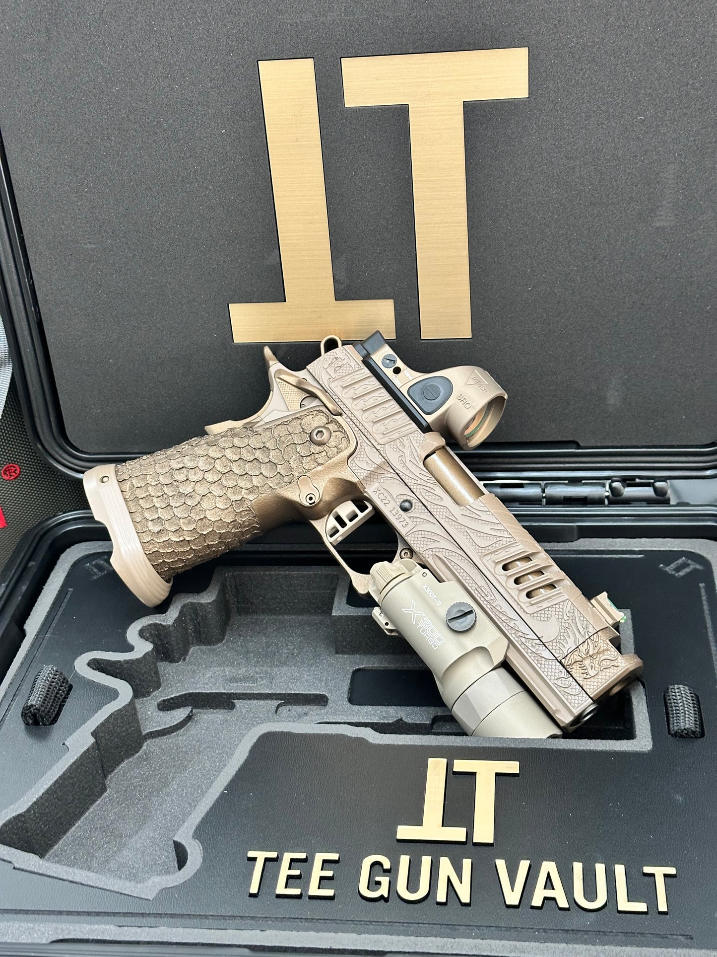 STACCATO CUSTOM XC “TRIBAL DRAGON” ENGRAVED TAN/BRONZE CERAKOTE FINISH WITH TRIJICON SRO & X300