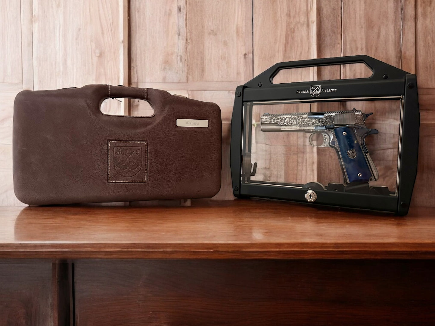 ARSENAL FIREARMS 1911 DOUBLE BARREL “SECOND CENTURY” 1 OF 1 SILVER/ BLUE PVD ENGRAVED WITH GLASS CASE
