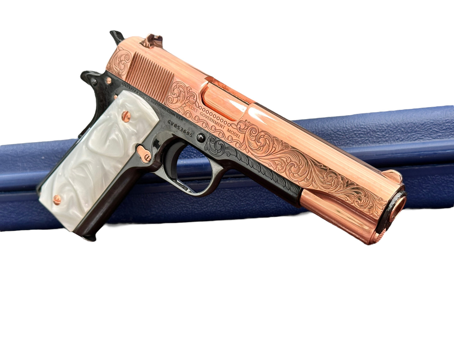 COLT CUSTOM 1911 ENGRAVED HIGH POLISHED WITH 18K ROSE GOLD FINISH CUSTOM GRIPS .45ACP