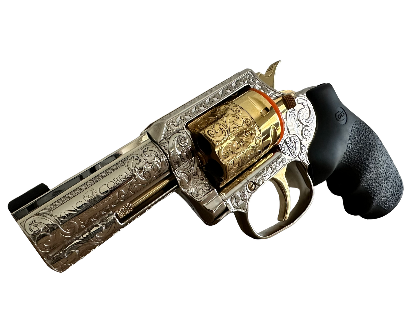COLT CUSTOM KING COBRA REVOLVER 357 mag white gold nickel plated with 24k accents and emerald stones