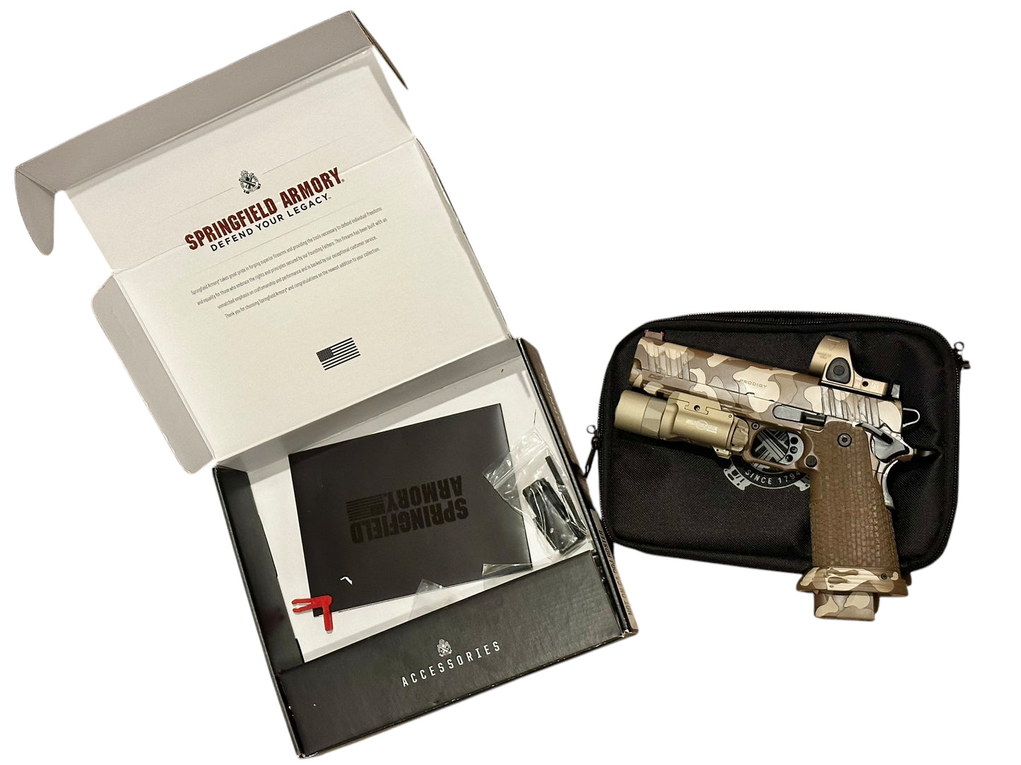 SPRINGFIELD CUSTOM PRODIGY PORTED 5” CAMO FINSIH TREE BARK GRIPS WITH SRO AND X300