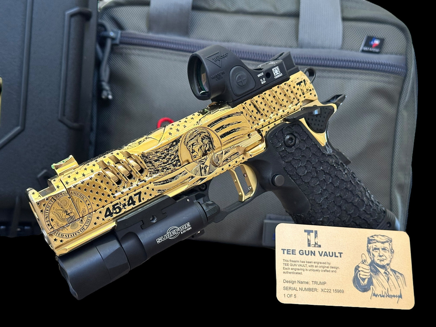 STACCATO CUSTOM XC “TRUMP” FULLY ENGRAVED POLISHED AND 24k GOLD PLATED SRO & X300