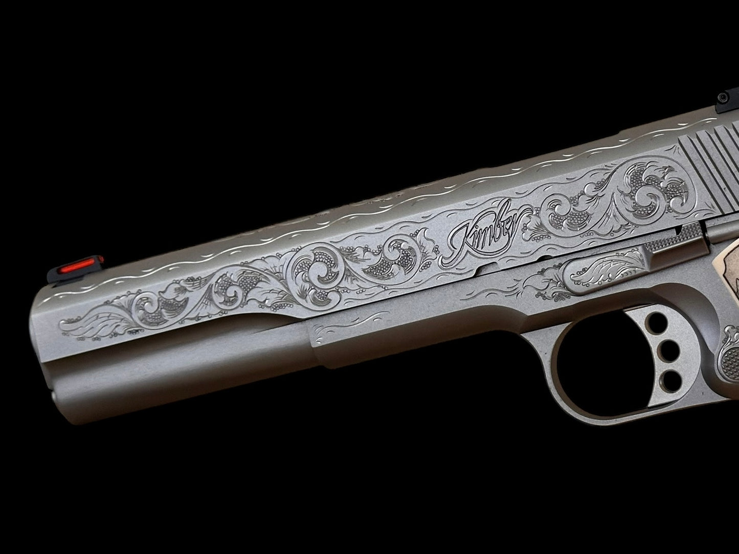 Kimber 1911 Stainless Target long slide hand engraved with custom grips. .45acp