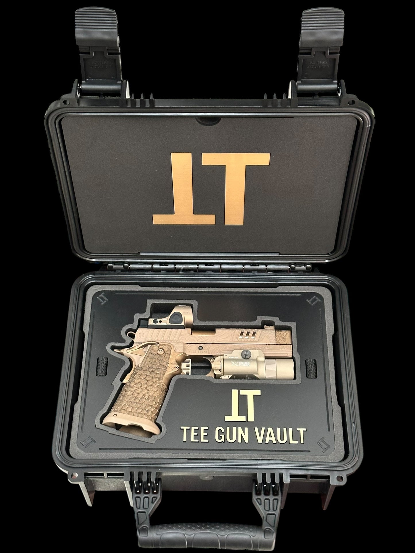 STACCATO CUSTOM XC “TRIBAL DRAGON” ENGRAVED TAN/BRONZE CERAKOTE FINISH WITH TRIJICON SRO & X300