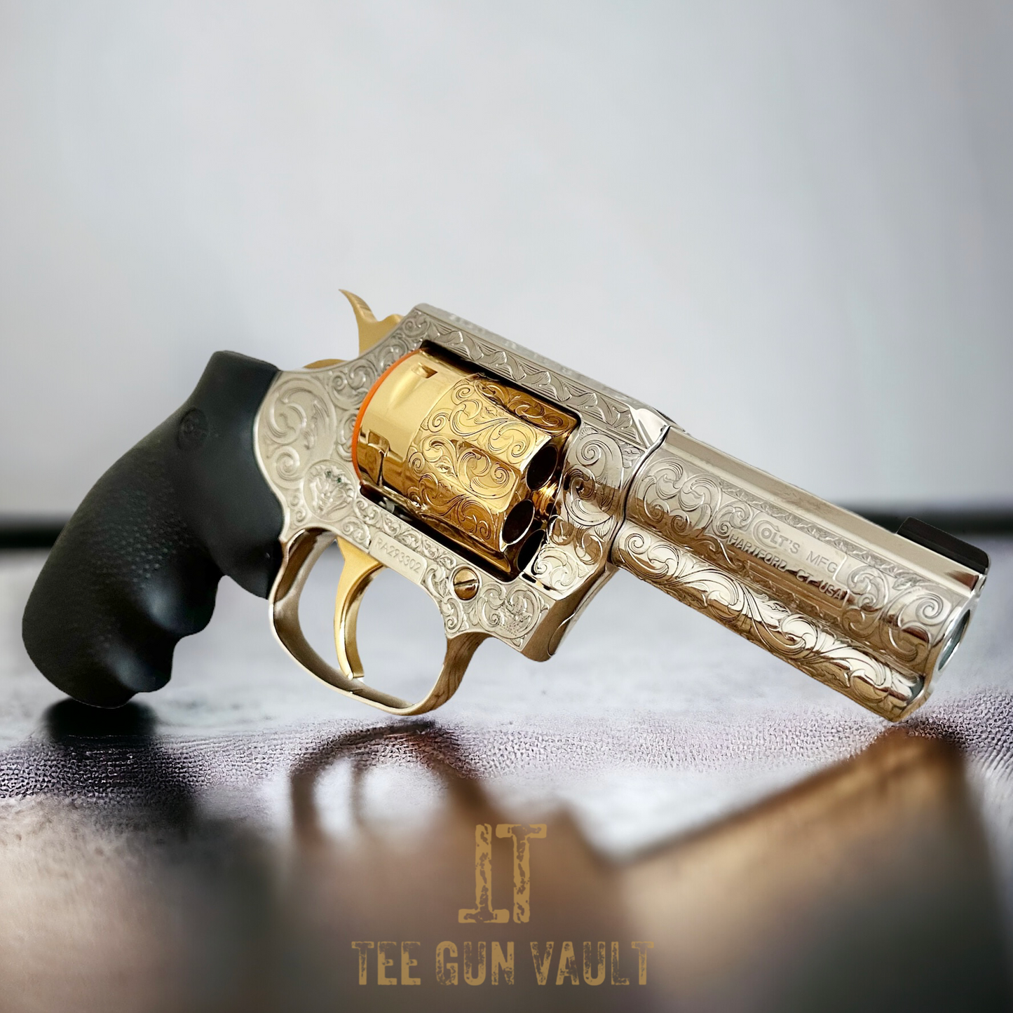 COLT CUSTOM KING COBRA REVOLVER 357 mag white gold nickel plated with 24k accents and emerald stones