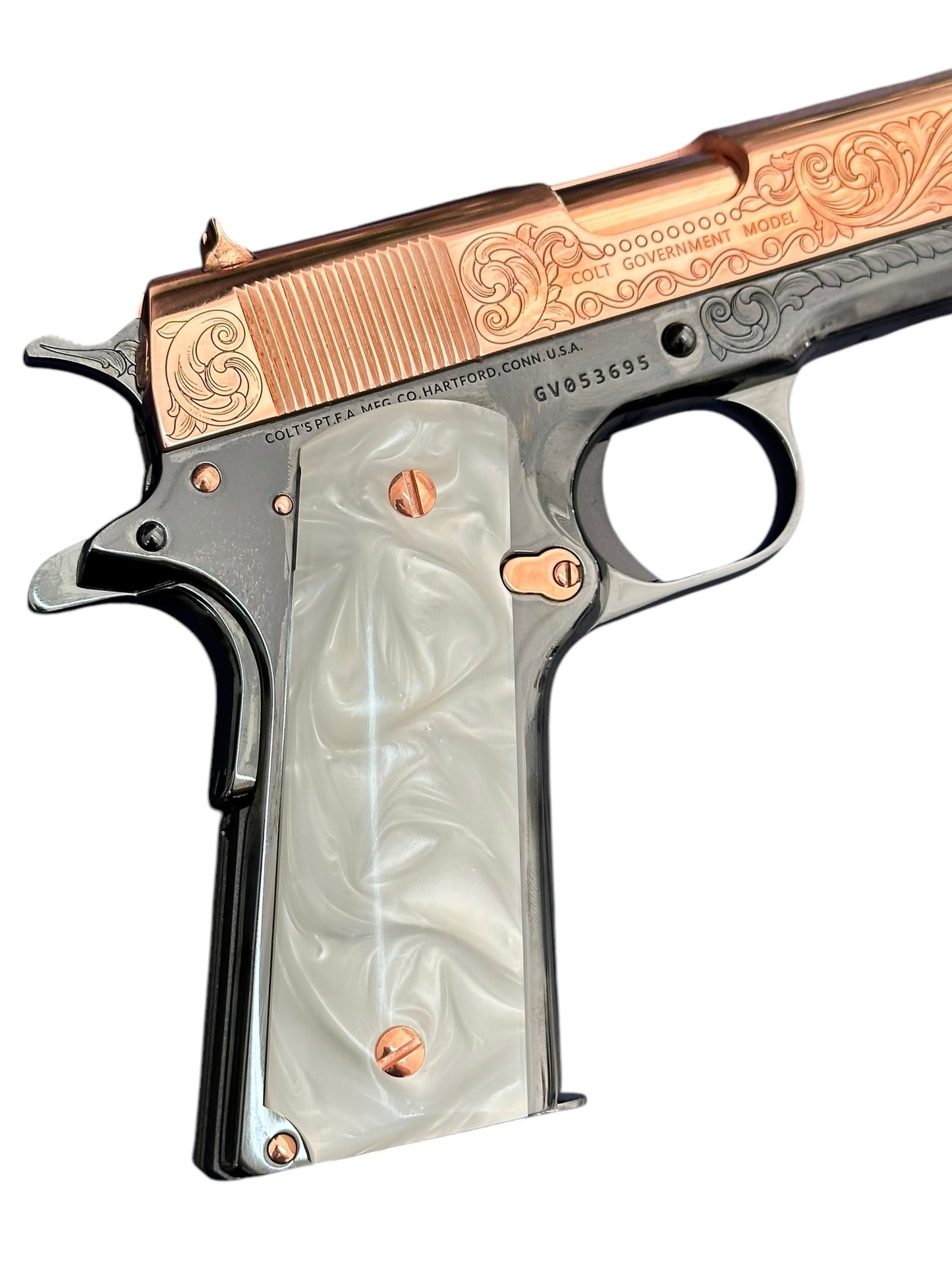 COLT CUSTOM 1911 ENGRAVED HIGH POLISHED WITH 18k ROSE GOLD FINISH CUSTOM GRIPS .45ACP
