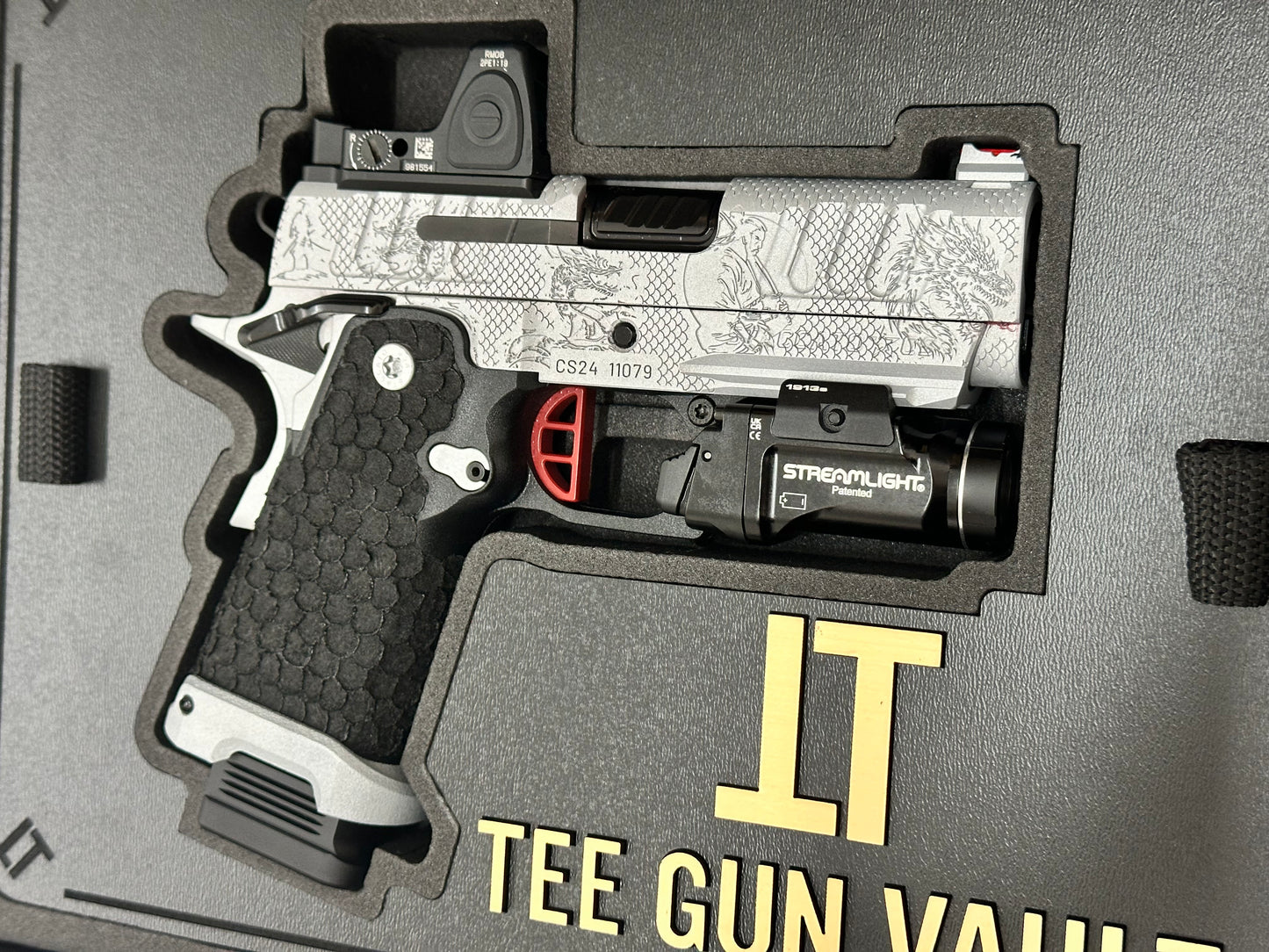 STACCATO CUSTOM CS PORTED 3.5” “THE LAST SAMURAI” ENGRAVED WITH RMR AND LIGHT IN GREY FINISH