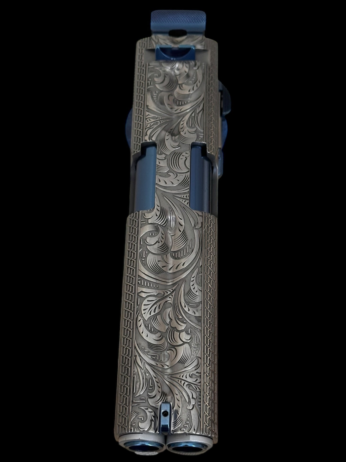 ARSENAL FIREARMS 1911 DOUBLE BARREL “SECOND CENTURY” 1 OF 1 SILVER/ BLUE PVD ENGRAVED WITH GLASS CASE