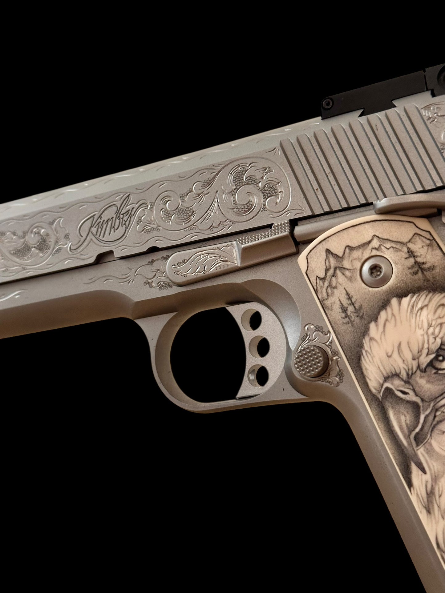 Kimber 1911 Stainless Target long slide hand engraved with custom grips. .45acp