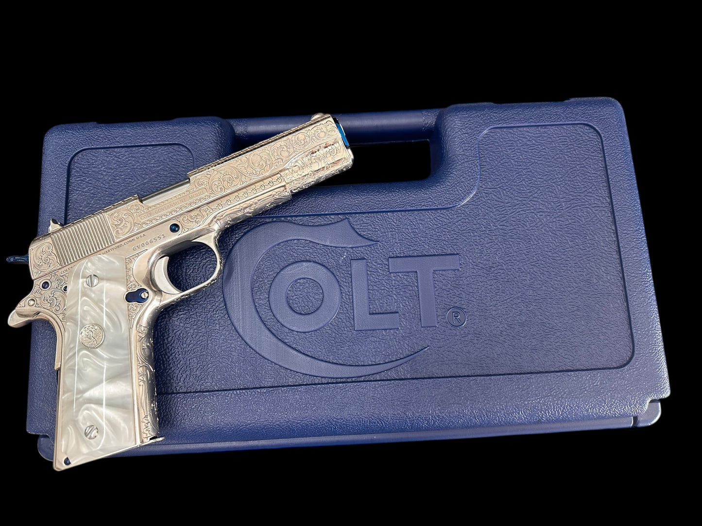 COLT CUSTOM 1911 HIGH POLISHED AND NICKEL PLATED WITH NITRO BLUE ACCENTS FULLY ENGRAVED .45ACP