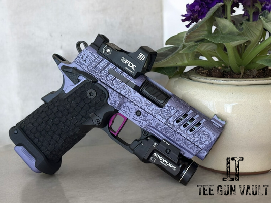 STACCATO CUSTOM CS X SERIES 3.5” PORTED BARREL “MEDUSA” ENGRAVED IN PURPLE/BLACK FINISH.